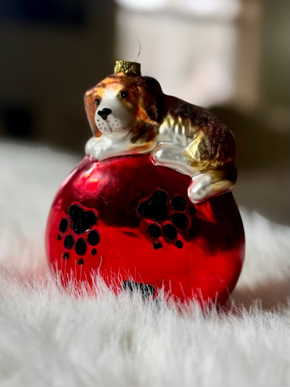 Dog Ornament on Red Paw-Print Ball